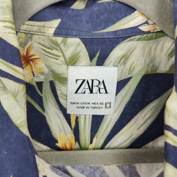 Zara Button Up Shirt Mens Medium Blue Floral Tropical Hawaiian Cotton Beach - Picture 4 of 8